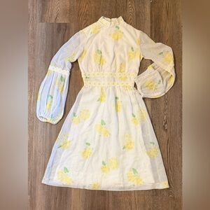 Vintage 1960s medieval style White and Yellow Dress Size XXS/XS Long Sleeve Mod